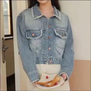 여성 찢청 크롭 청자켓 포인트 데님자켓 디스트로이드