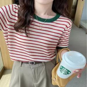 여자 반팔니트 4 배색 단가라 여름티 링거 스트라이프