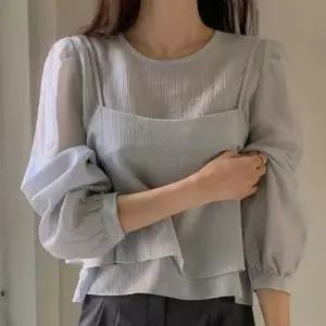 여성 간절기 시스루 긴팔 탑 나시 블라우스 투피스 세트 (WFKKIX4)