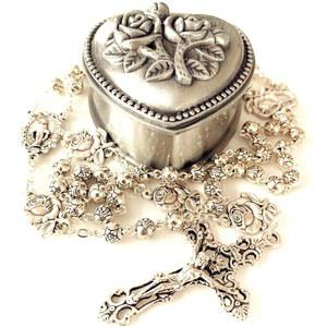 우아한 용 핸드메이드 실버 로즈 비즈 가톨릭 5년 묵주 케이스 크로스 선물 상자 이탈리아 십자가