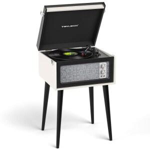 다리가 분리 가능한 빈티지 스탠딩 블랙 바이닐 레코드 플레이어, 내장 스테레오 스피커, 트레블 & 베이스 게인, 33/45/78 RPM LP 플레이어 블루투스 레트로 턴테이블 지원 헤드폰 잭, RCA 출력, AUX in