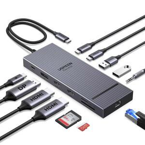 UGREEN 12 in 1 트리플 4K 도킹 스테이션, HDMI 2개, DP, 10G USB C USB-A2.0 100W PD, SD /TF, 1000Mbps 이더넷, 3.5MM 오디오, 맥북, 델, 등을 위한 Revodok Pro USBC 허브 다중 어댑터