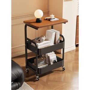 이동식 테이블 거실 소파 작은 이중선반 넓어진 원목색 선반 책상 바퀴 달린