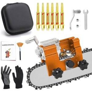 HUOJYDOWDL 전기톱 연마기, 7개의 연마봉, 보관함, 장갑 및 청소 브러시가 포함된 휴대용 핸드 크랭크 도구 - 체인 톱 전기 톱용 전기톱용 연마 지그 키트