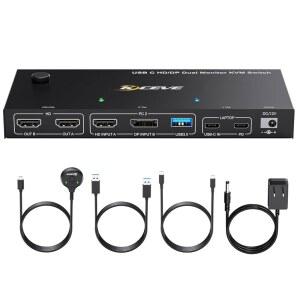데스크탑+1 노트북 1대용 USB C HDMI DP KVM 스위치, 듀얼 모니터 스위치 4K@60Hz 지원 PD(USB 케이블, 유선 컨트롤러 및 전원 어댑터 포함)