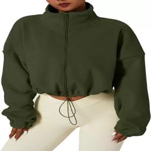 QINSEN 여성용 풀 집 플리스 숏 재킷 따뜻한 겨울 긴 소매 스탠드 칼라 셰르파 크롭 코트