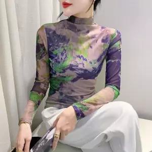 여성티셔츠 봄가을 긴팔 하이넥 망사 티셔츠 네오플랜 플라워 상의 심쿵해외구매