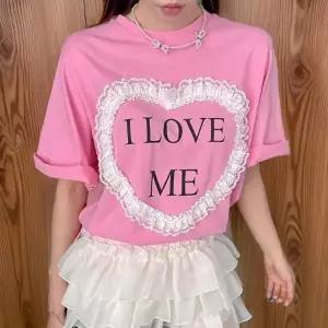 여성용 레이스하트 반팔 메시지 핑크 티셔츠
