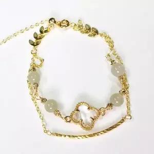 H24 천연 화전옥 네잎클로버 더블 팔찌