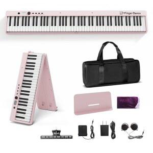 핑거 댄스 접이식 피아노 키보드 88키 블루투스 미디 기능이 있는 휴대용 전동 키보드 풀사이즈 디지털 피아노 우드 그레인 반중력 터치 감지 초보자를 위한 수납 가방 포함