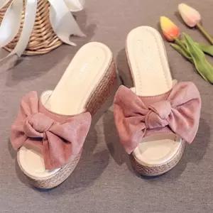 슬리퍼 학교 여성 예쁜 통굽 왕리본 발편한 푹신한 굽있는쪼리 굽높은