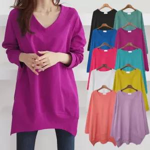 여성 무지 브이넥 언발 긴팔 롱 티셔츠 11TS0226 빅사이즈 루즈핏 오버핏 봄