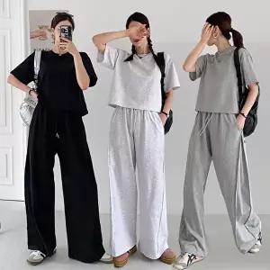 [유야]여성 면 무지 세미크롭 반팔티 와이드팬츠 세트 SPST0342 봄 여름