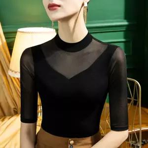 여자 반폴라 반목티 망사 브이넥 반팔 메쉬 티셔츠 정장