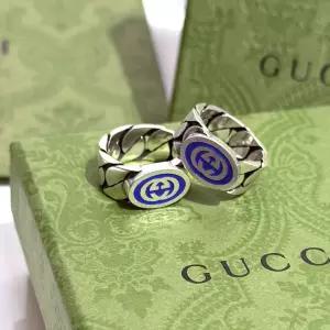 구찌 여성 실버 블루 에나멜 인터로킹 GG 링 반지