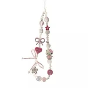 헬로키티 핑크 하트 리본 포인트 진주 비즈 스트랩 키링 귀여운 캐릭터 장식 폰스트랩