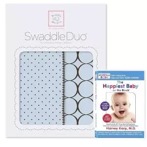SwaddleDesigns 스와들듀오, 포대기 담요 2개 세트 + 가장 행복한 아기 DVD 번들, 파스텔 블루 모던 듀오
