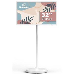 Teamgee 32인치 휴대용 스마트 스크린 온 휠, 8시간 배터리가 장착된 무선 터치 모니터, Android 13, 스트리밍, 업무 및 다목적 사용을 위한 풀 모션 마운트