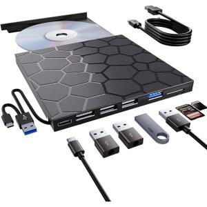 노트북용 VAIYI 외장 CD/DVD 드라이브, 휴대용 DVD 플레이어, USB 3.0 CD/DVD-ROM + /-RW CD 버너 8개, 데스크탑 맥과 호환되는 드라이브 리더, Windows 11 /10 /8 /7 Linux