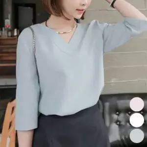 [하프클럽/셀러허브_여성트랜드패션]여자 오피스룩 브이넥 7부 셔츠 블라우