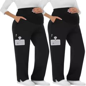 스위티위 2팩 여성용 산부인과 스크럽 팬츠 6포켓 임신 작업복 신축성 있는 일자 다리 카고