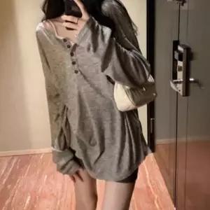 골지 루즈핏 버튼 긴팔 여성 티셔츠 WFLX6EV