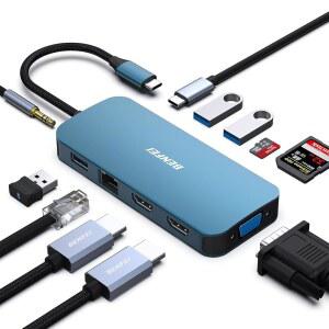 BENFEI 11-in-1 USB C 허브 트리플 디스플레이 도킹 스테이션 듀얼 HDMI, VGA, 3*USB 3.0, 1Gbps 이더넷, 100W 전원 공급, SD /TF 카드 리더, XPS Surface와 호환되는 3.5mm AUX 오디오