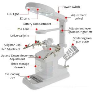 3배 4.5배 25배 데스크탑 헬프 납땜 조명 확대경 LED 램프 포함 수리 보조 클립