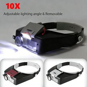 10배율 헤드밴드 안경 확대경 조절 가능한 크기 LED 돋보기 독서용 옵티바이저 조명 포함