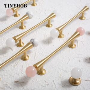 Tinyhob 황동 및 핑크 크리스탈 캐비닛 둥근 손잡이 찬장 가구 하드웨어 조명  서랍 당기기 주방 액세서리