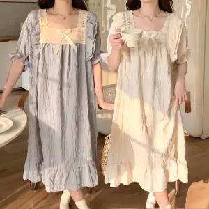 이너퀸 프리수 여성용 빅사이즈 레이스 스퀘어넥 루즈핏 A라인 셔링 프릴 롱 반팔 밴딩 원피스 잠옷 홈웨어 이지웨어 반팔스퀘어레이스원피스