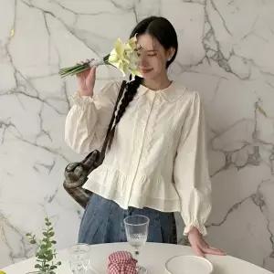 [신상오픈런]|CHH4243|여성용 봄 시즌 사랑스러운 둥근 카라 프릴 플레어 셔츠