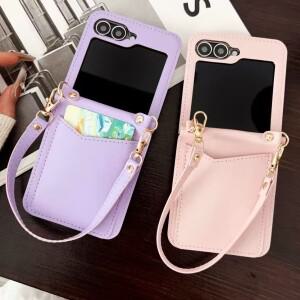 삼성 호환 갤럭시 Z 플립 6 손목 스트랩 가죽 폰 케이스 카드 슬롯 지갑 커버 7 5 4 3