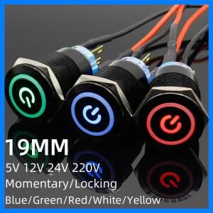 19mm 5V 12V 24V 220V 금속 알루미나 블랙 프레스 버튼 LED 전원 표시등 버튼 순간/지속 제어 푸시버튼 스