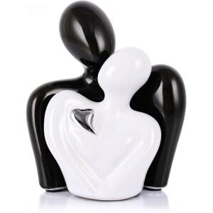 미니 커플 동상 TV 스탠드 거실 장식 아이템, 커플을 위한 침실 선반 조각품, 그녀를 선물, 가정 장식품 전시 (흑백 슬리버 하트)