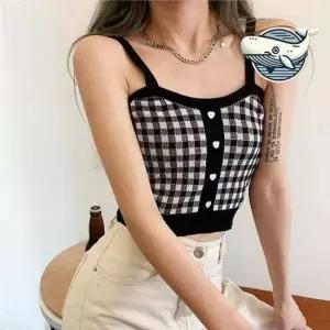 체크패턴 여성 체크 패턴 민소매 크롭 탑 스타일리쉬