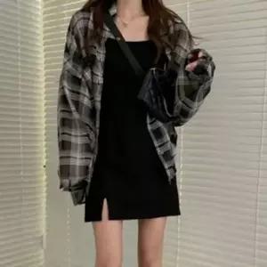 신축성 뒷지퍼 원피스 끈나시 세트 체크셔츠 루즈핏