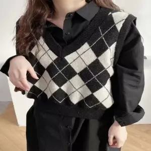 (색상 블랙)조끼 패턴 레이어드 아가일 가을 V넥 여성 겨울 니트