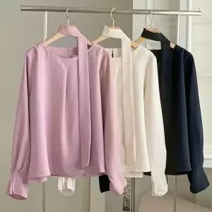 [하프클럽/옷자락]여자 오피스룩 타이스트랩 쉬폰 셔링 긴팔 블라우스