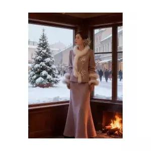 겨울 여자정장세트 가을 퍼 트리밍 코트 스커트 세트 ible4