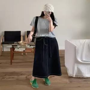 [제작] [논페이드] 앤더 뒷밴딩 벨트 데님 롱 스커트 86380 빅사이즈 여성의류