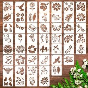 금속 링이 있는 50개의 PCS 곤충 꽃 스텐실 재사용 가능한 페인팅 템플릿 우드 록용 4x4인치 캔버스 패브릭