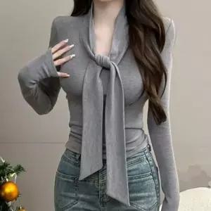 [라일리여성의류] Rly 슬림 리본 브이넥 데일리 긴팔 티