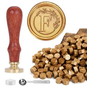 Yoption 레터 왁스 씰 키트 화환 스탬프가 있는 빈티지 이니셜 알파벳 F 앤티크 골드 비드 120개