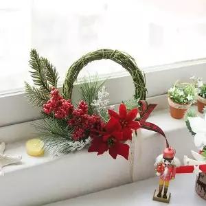 1P 레드열매 조화 리스 장식 포인세티아 크리스마스 벽걸이조화
