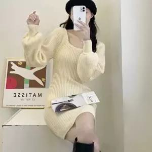 스퀘어넥 니트 미니 숏 원피스 봄 가을 코디 데이트룩 (KYR-WFIDR6E)
