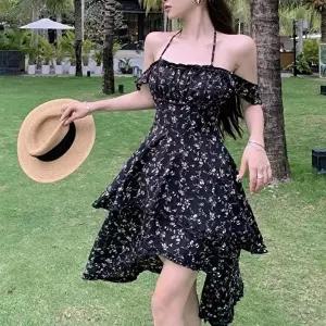 앞뒤 언발 프릴 휴양지 원피스 민소매 플라워 원피스 (KYR-WDC4331)