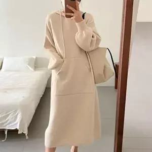 은창)센터 포켓 로맨틱 후드 니트 원피스 겨울 롱 (KYR-WCDEEE7)