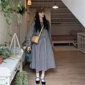 여성 체형커버 소매밴딩 루즈핏 셔링 체크 원피스 (KYR-WFGT4L0)