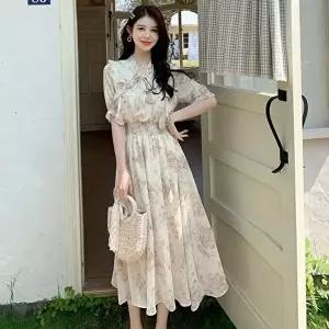 여성 플라워 패턴 러블리 리본 쉬폰 브이넥 원피스 (KYR-WFHFQ6N)